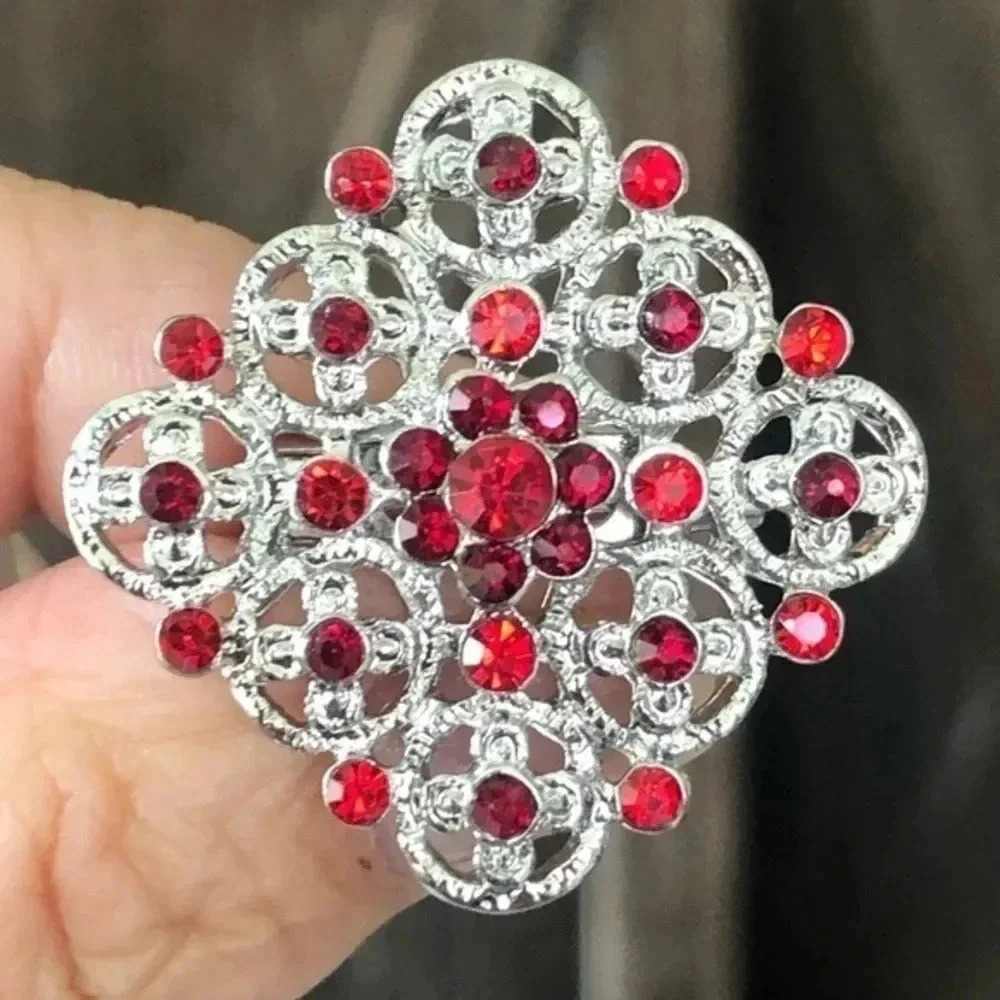 Elegant Ruby Red Flower Gemstone Silver Sweater Brooch Lapel Pin NWT